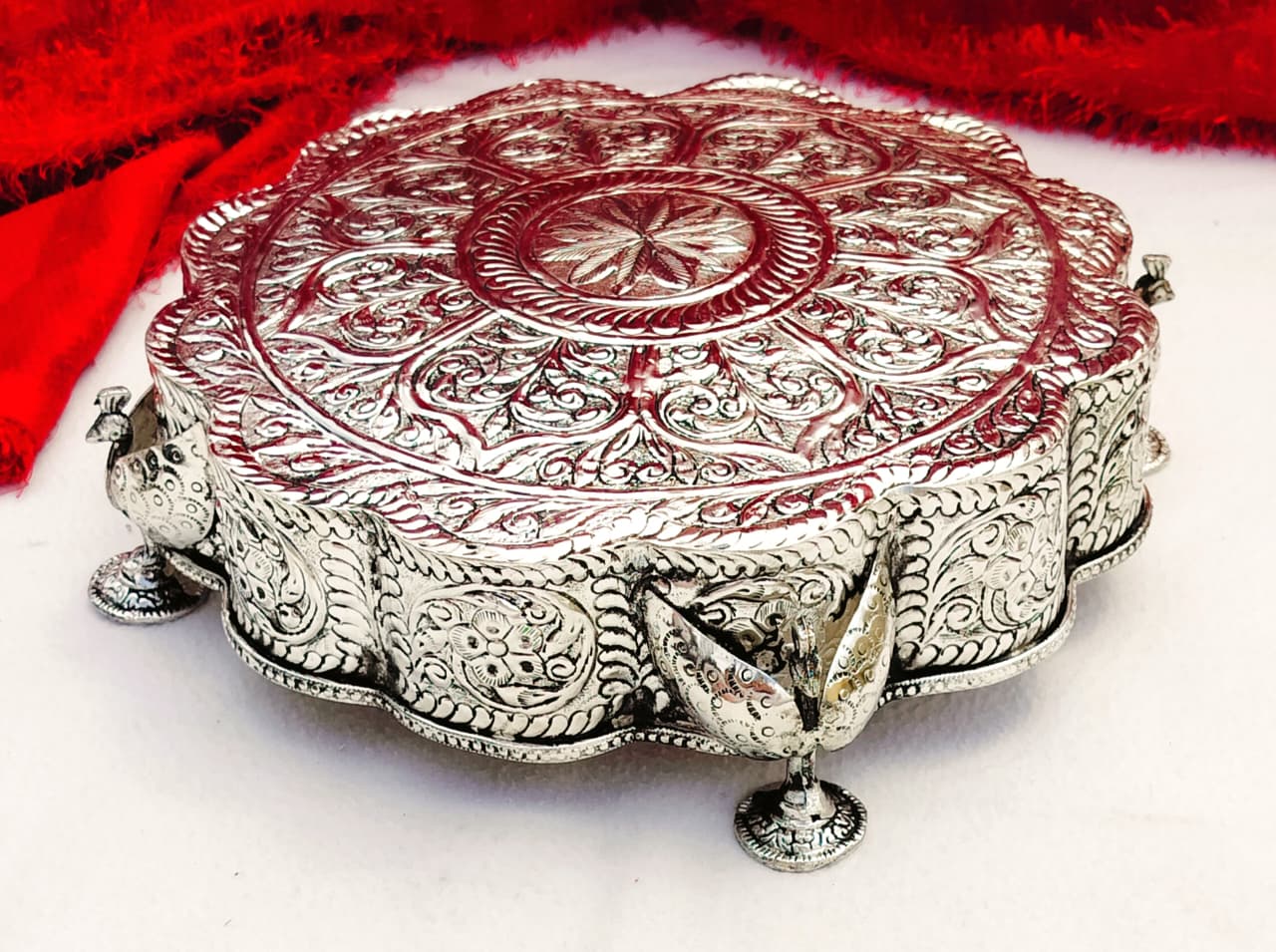 Antique finish German silver Round flower chowki/ stool/ singhasan